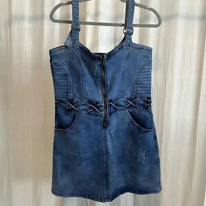 NWOT OXYGEN Denim Distressed Pin Tuck Dress Adjustable Strap Pockets, Size L